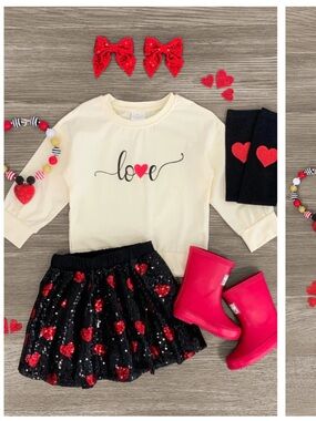 Cream 'Love' Top with Black Sequin Heart Skirt